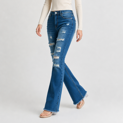Women's Distressed Ripped Frayed Hem Stretch Flare Jeans