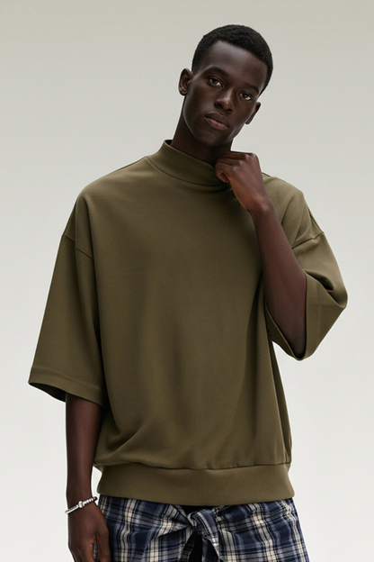 Men's Summer Mock Neck 305g Cotton Boxy Dolman Ribbed Tee