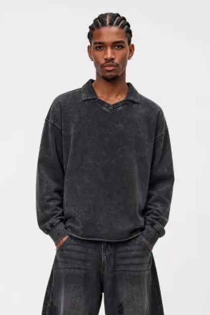 Men Fall Snow Wash Polo Collar Cropped Sweatshirt