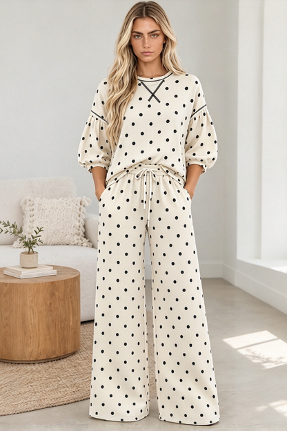 Women's Summer Polka Dot Print Midi Sleeve 2 Piece Set