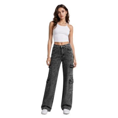 Women's High Waist Cargo Straight Jeans
