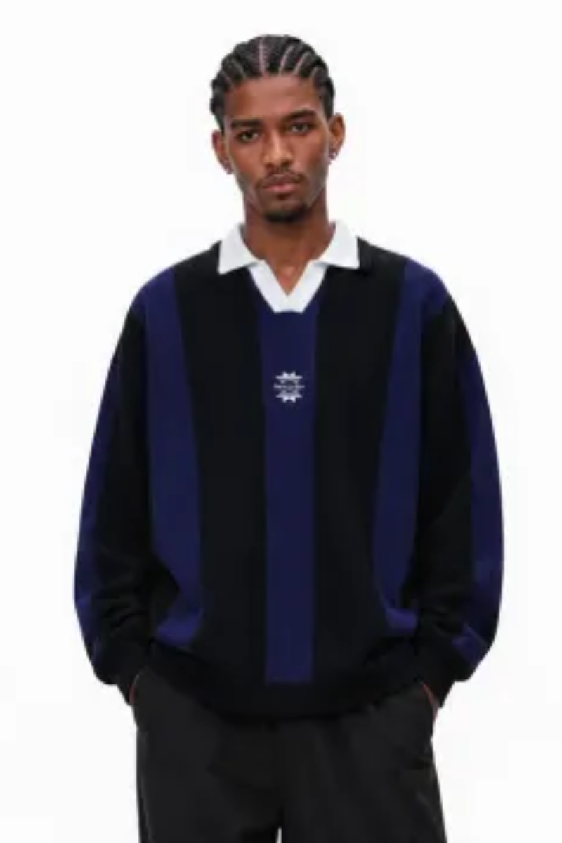 Men's Fall Vertical-Stripe Colorblock Polo Knit Sweater