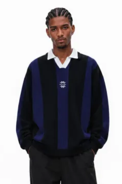 Men's Fall Vertical-Stripe Colorblock Polo Knit Sweater