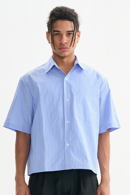 Men's Summer Woven Striped Loose Cropped Short Sleeve Shirt