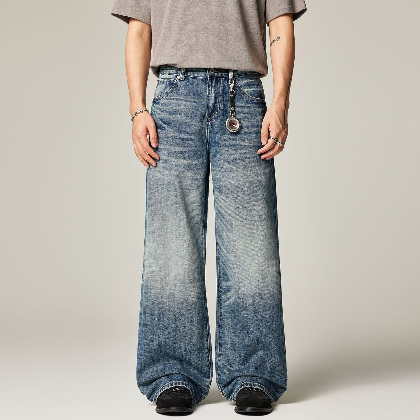 Men's Spring Gradient Blue Cat Whisker Wide-Leg Denim Jeans