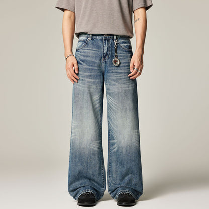 Men's Spring Gradient Blue Cat Whisker Wide-Leg Denim Jeans