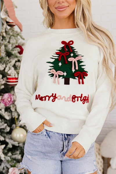 Women's Fall Christmas Bow Splice Crew Neck Knit Sweater