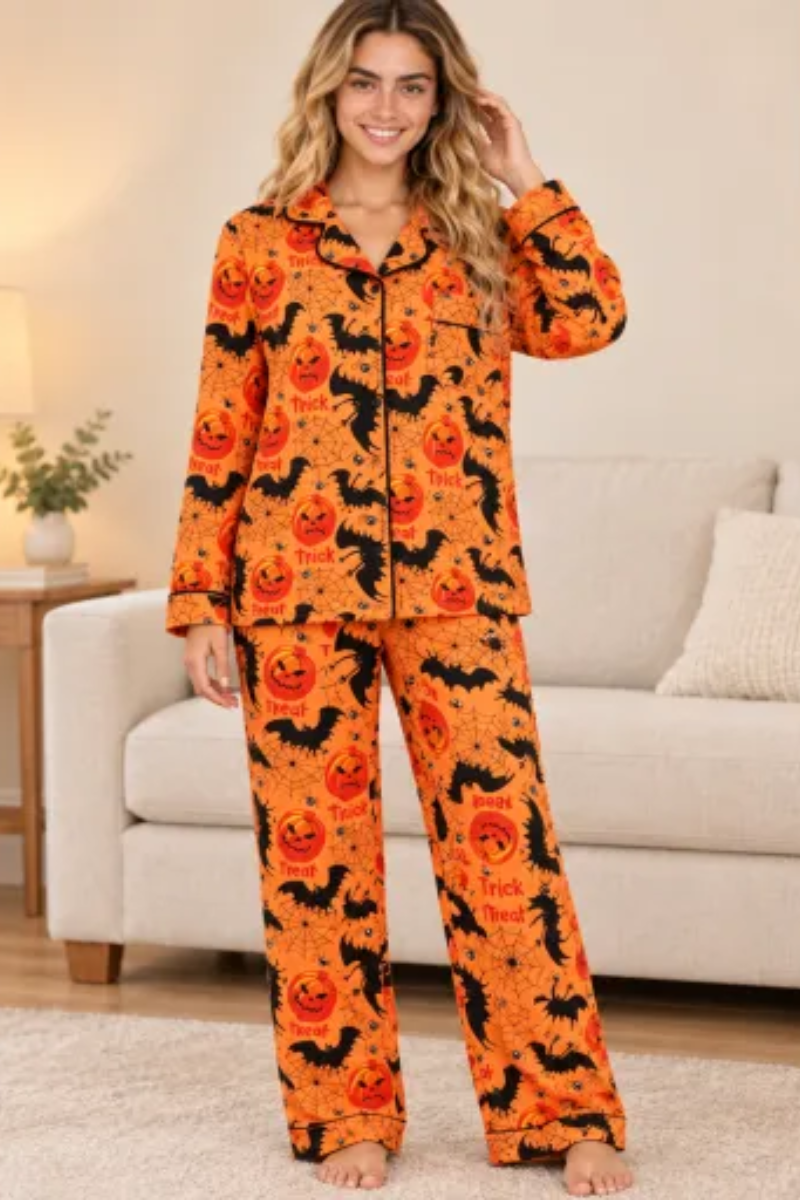Women Fall Clothing Halloween Pumpkin Bat Web Pajama Set