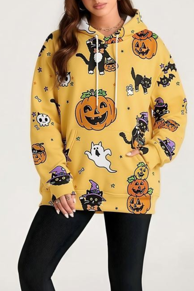 Women Fall Clothing Halloween Cat Ghost Pullover Hoodie