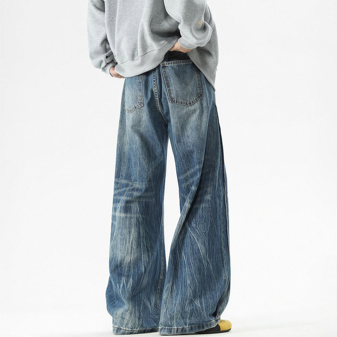 Men's Spring Vintage Whisker Baggy Wide Leg Denim Jeans