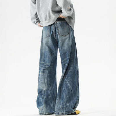 Men's Spring Vintage Whisker Baggy Wide Leg Denim Jeans