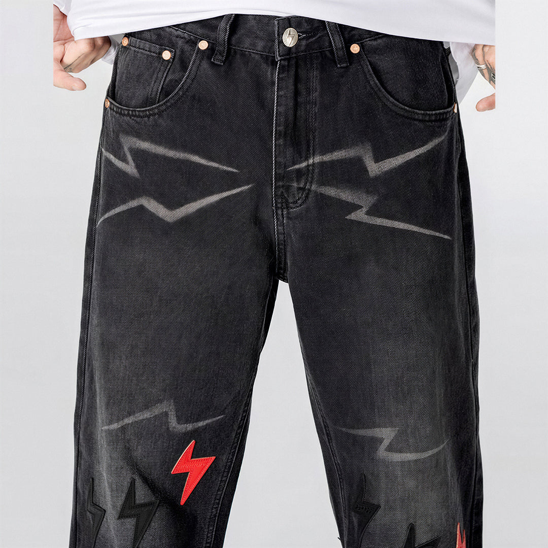 Men's Spring Washed Black Lightning Embroidery Jeans