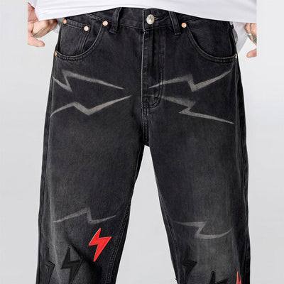 Men's Spring Washed Black Lightning Embroidery Jeans
