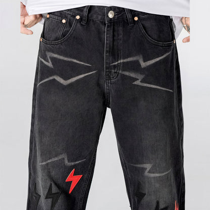 Men's Spring Washed Black Lightning Embroidery Jeans