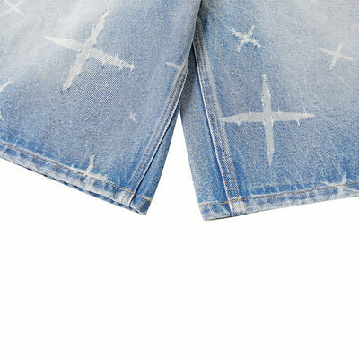 Men's Summer Cross Print Washed Baggy Denim Shorts