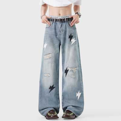 Men's Spring Light Blue Ripped Lightning Patch Jeans
