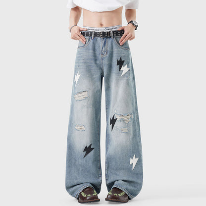 Men's Spring Light Blue Ripped Lightning Patch Jeans