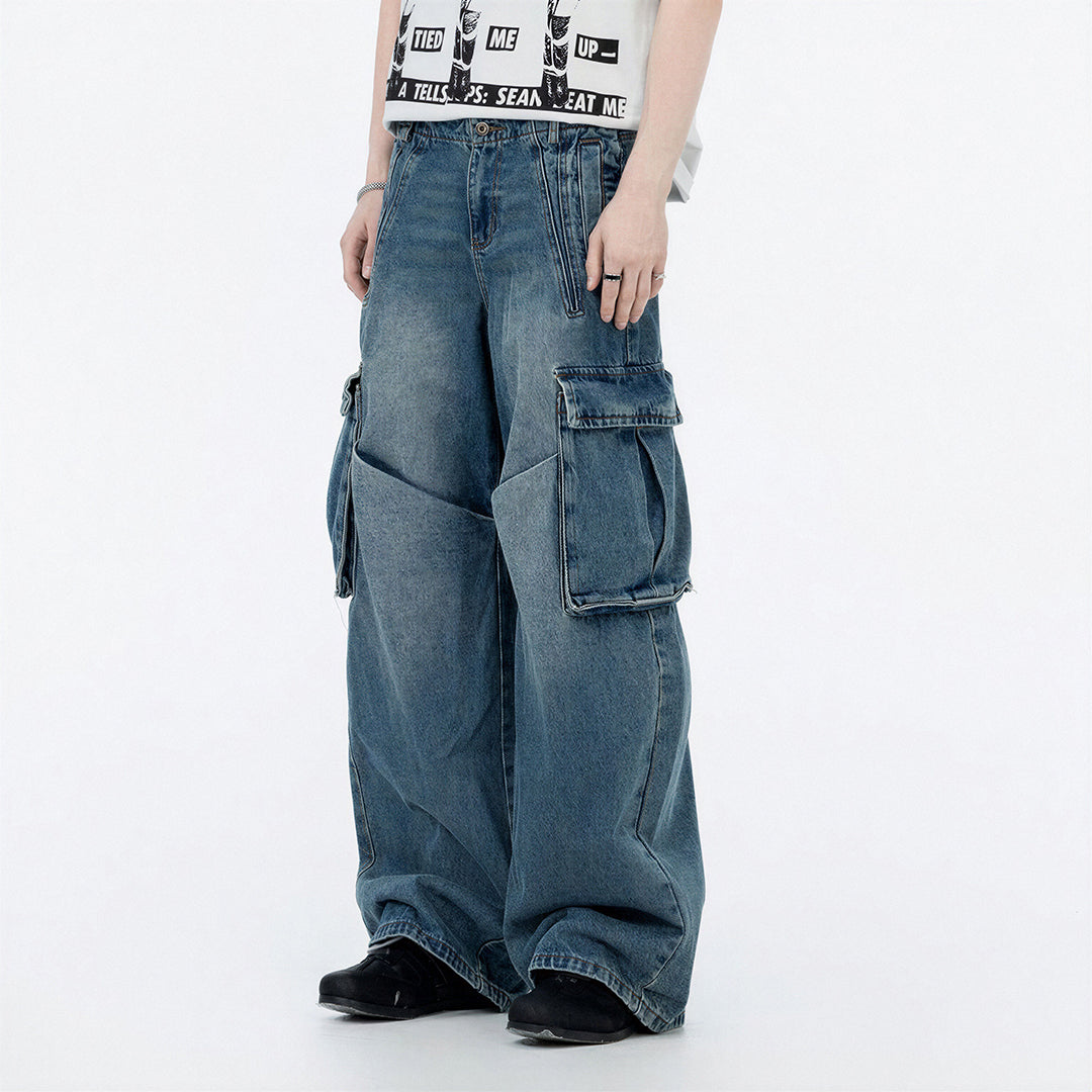 Men's Spring Vintage Blue Multi-Pocket Cargo Denim Jeans