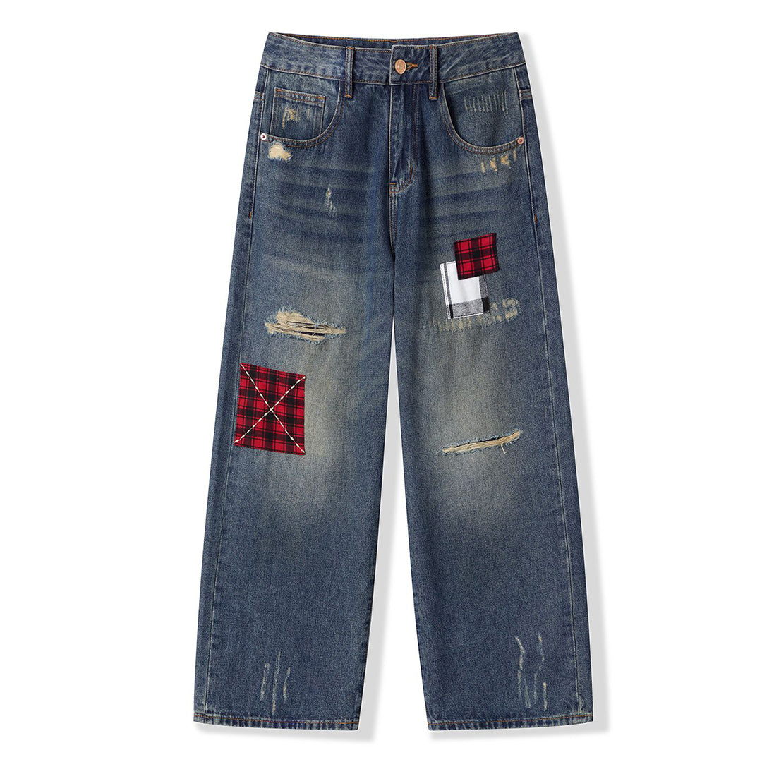 Men's Spring Ripped Plaid Patch Wide Leg Denim Jeans