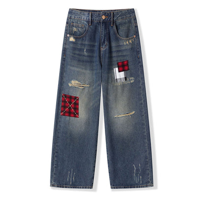 Men's Spring Ripped Plaid Patch Wide Leg Denim Jeans