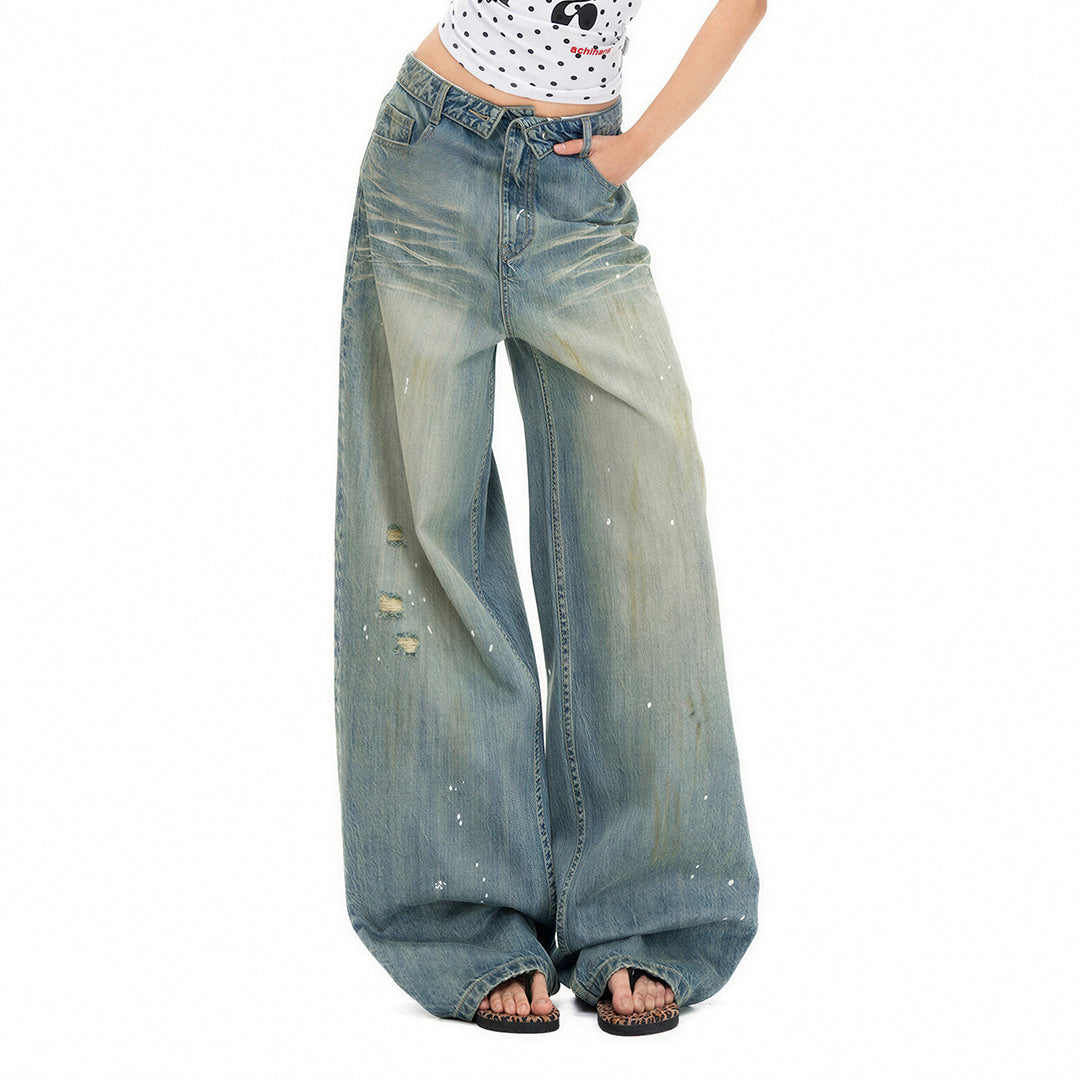 Women's Spring Distressed Splatter Wide-Leg Denim Jeans