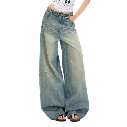 Women's Spring Distressed Splatter Wide-Leg Denim Jeans