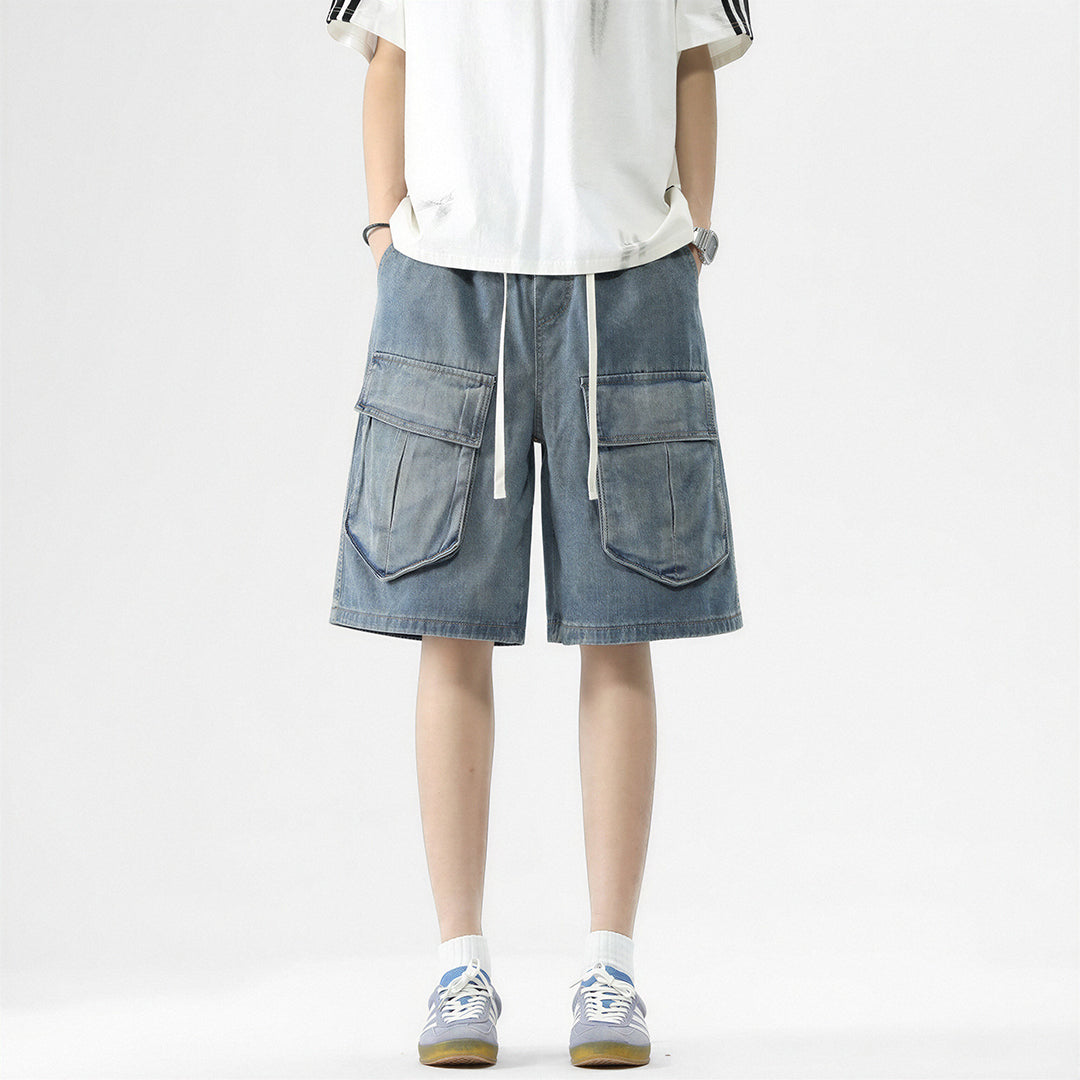 Men's Summer Light Wash Multi-Pocket Cargo Denim Shorts