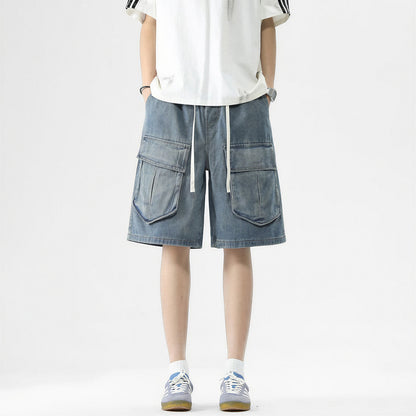 Men's Summer Light Wash Multi-Pocket Cargo Denim Shorts