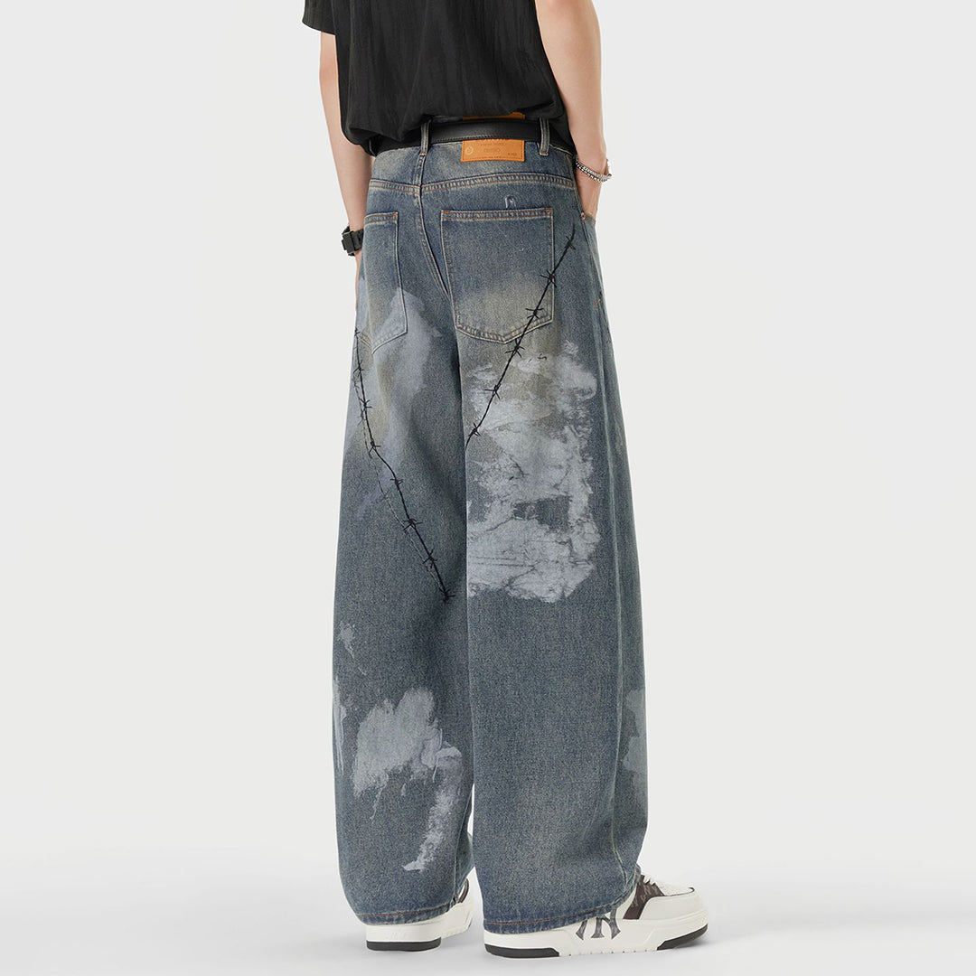 Men's Spring Blue Thorn Graffiti Wide Leg Denim Jeans