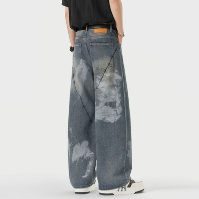 Men's Spring Blue Thorn Graffiti Wide Leg Denim Jeans