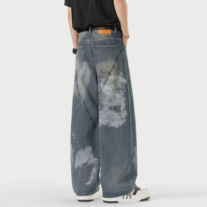 Men's Spring Blue Thorn Graffiti Wide Leg Denim Jeans