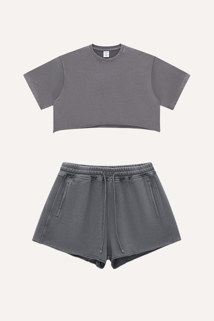 Women's Summer Washed Crop Boxy 280g Cotton Distressed Set
