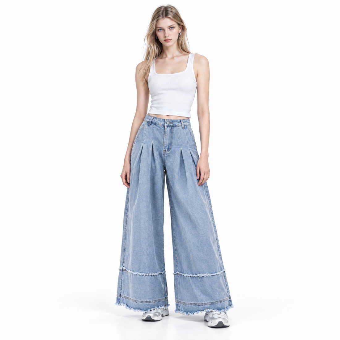 Women's High Waist Pleated Wide Leg Jeans