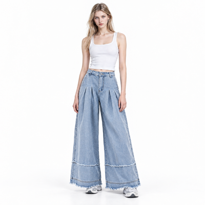 Women's High Waist Pleated Wide Leg Jeans