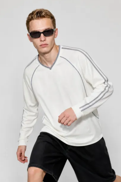 Men Spring Triacetate V Neck Contrast Athletic Long Sleeve
