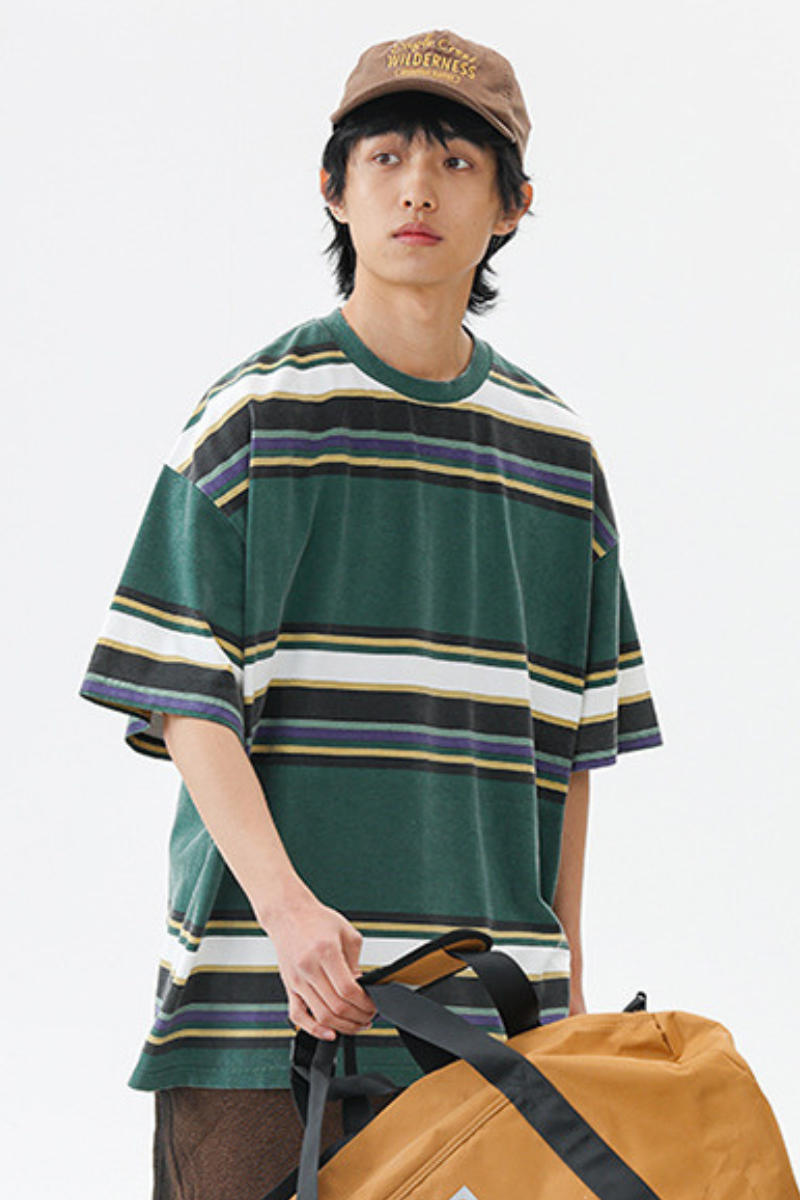 Unisex Summer Cotton Washed Stripe Cityboy Crewneck Tee