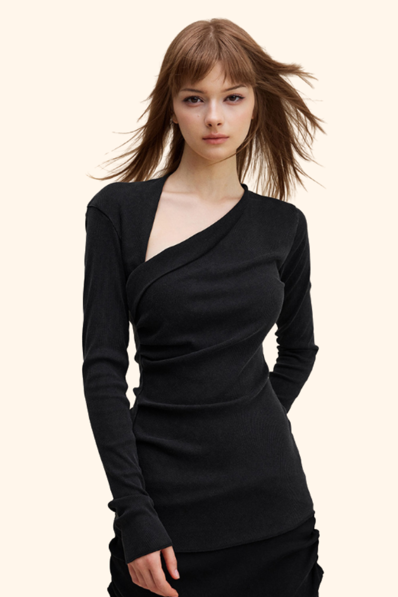 Women's 275G Washed Tee - Draped Ruched Slim Asymmetric Top