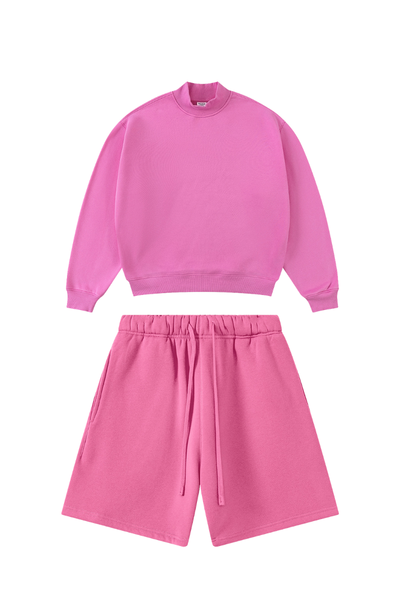 Unisex Winter Boxy Fleece Mock Neck Straight Shorts Set