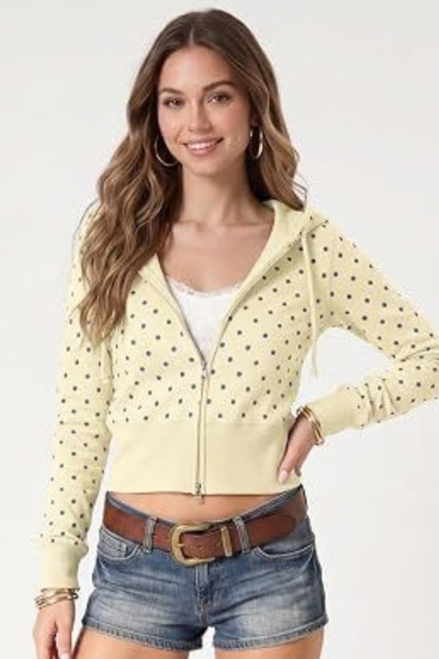 Women Fall Clothing Polka Dot Cropped Zip Hoodie Jacket