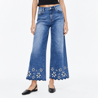 Women's High Waist Floral Embroidered Wide Leg Jeans