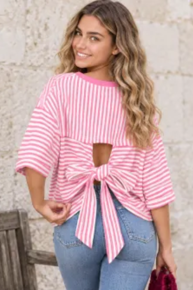 Women Spring/Summer Striped Back Tie Relaxed Blouse
