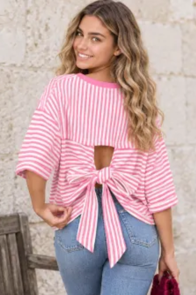 Women Spring/Summer Striped Back Tie Relaxed Blouse