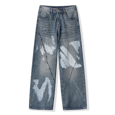 Men's Spring Blue Thorn Graffiti Wide Leg Denim Jeans