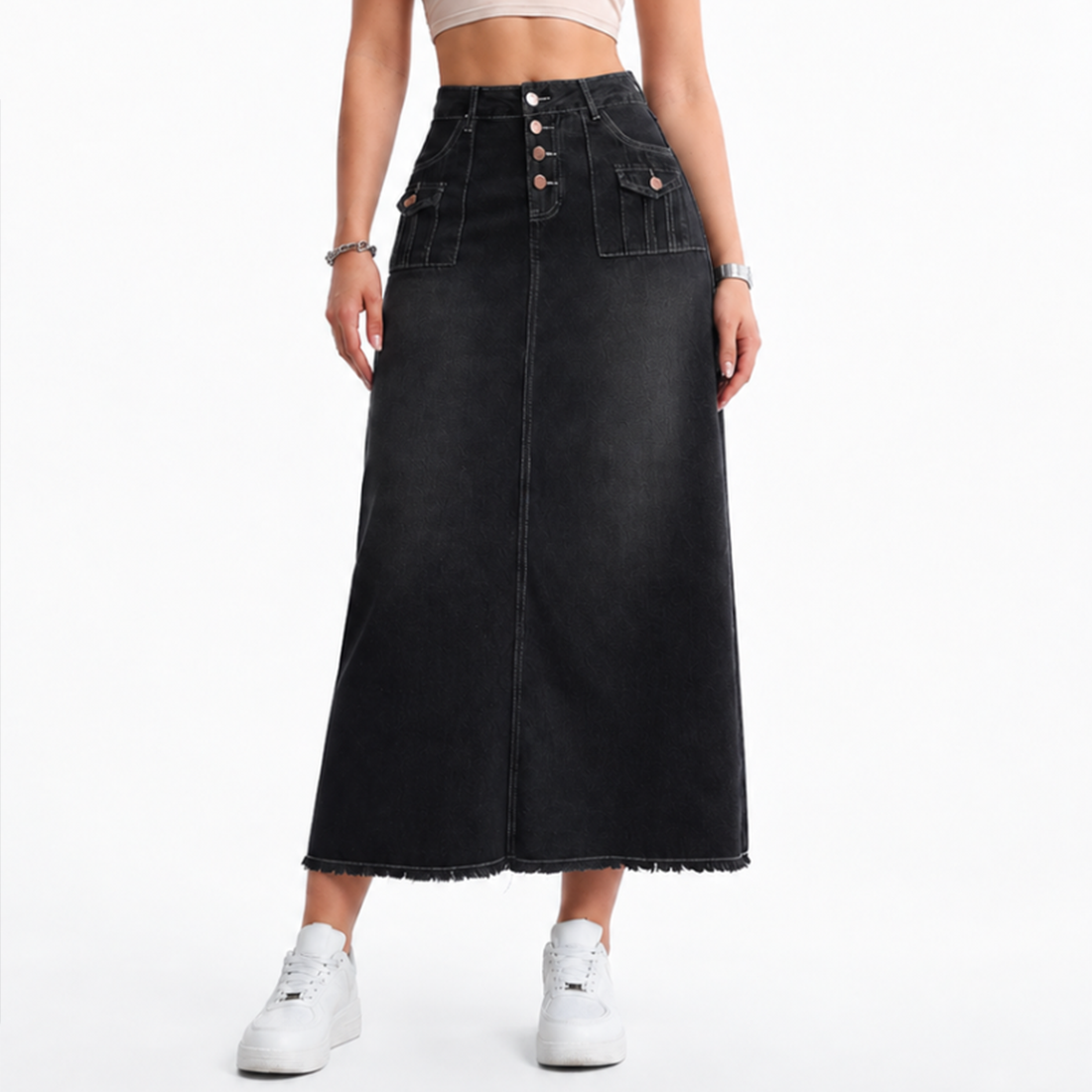 Women's High Waist Button Fly Denim Maxi Skirt