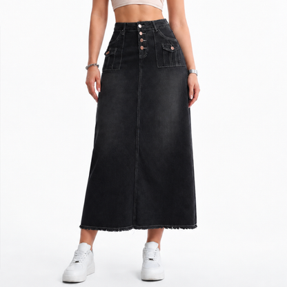 Women's High Waist Button Fly Denim Maxi Skirt