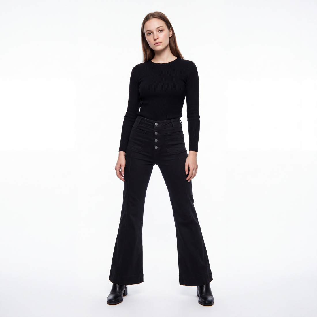 Women's Black High Waist Button Fly Stretch Flare Jeans