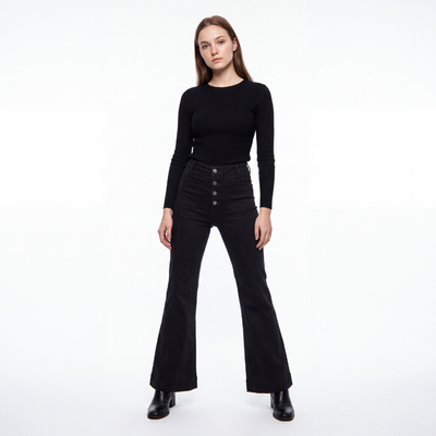 Women's Black High Waist Button Fly Stretch Flare Jeans