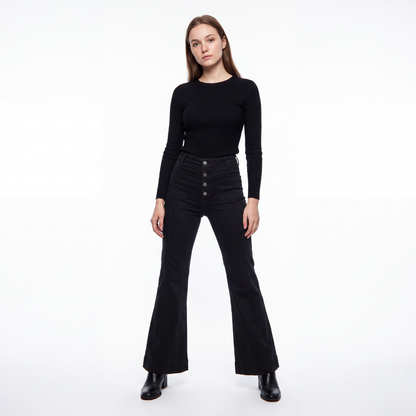 Women's Black High Waist Button Fly Stretch Flare Jeans