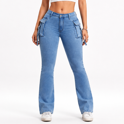 Women's High Waist Stretch Flare Cargo Jeans