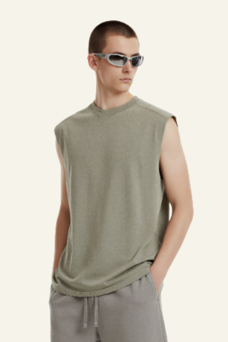 Men's Cotton Washed Retro Round-necked Tank Top